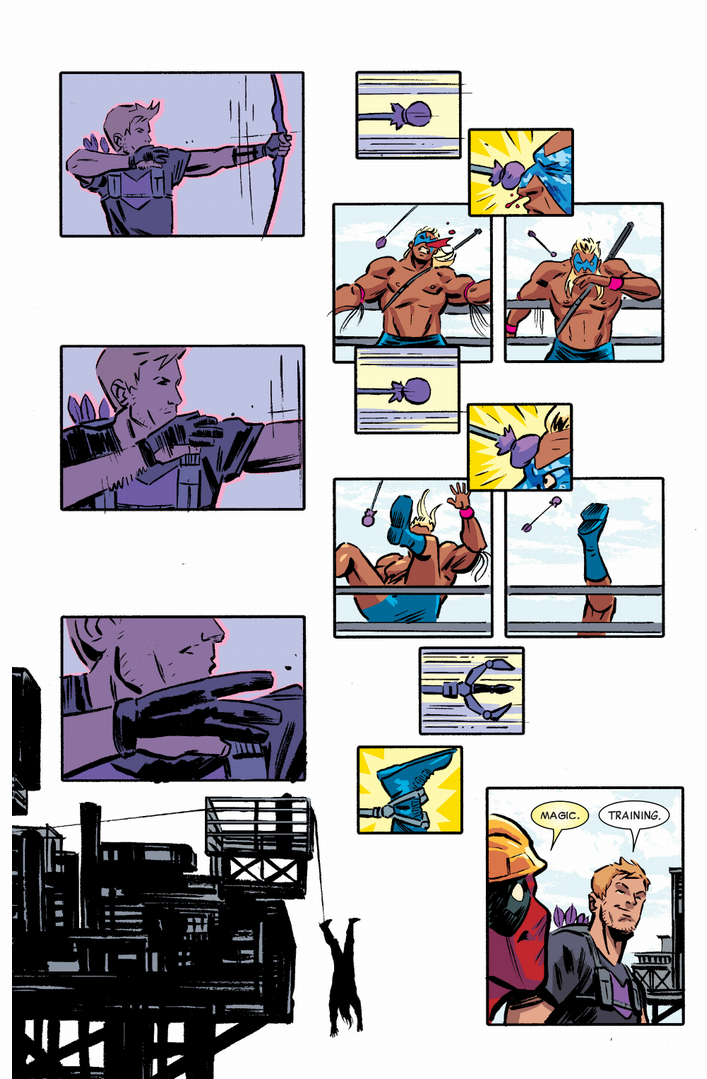 I really love how this page is a tribute to the style from the current Hawkeye series, which is GREAT.